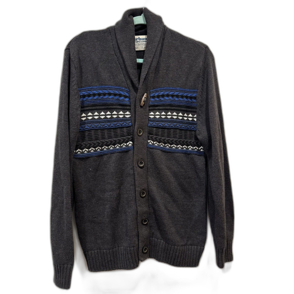 Urban Pipeline Cardigan Sweater Shawl Collar Fair Isle Knit Gray Blue Men Large
